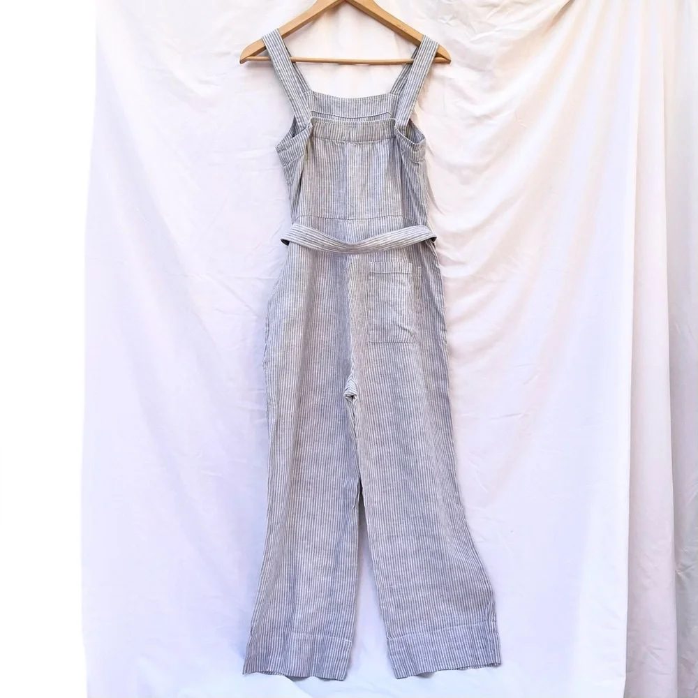 EVERLANE | LINEN STRIPED BELTED SQUARE NECKLINE JUMPSUIT SIZE 0 GRAY WHITE